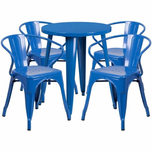 24'' Round Blue Metal Indoor-Outdoor Table Set with 4 Arm Chairs Perspective: front