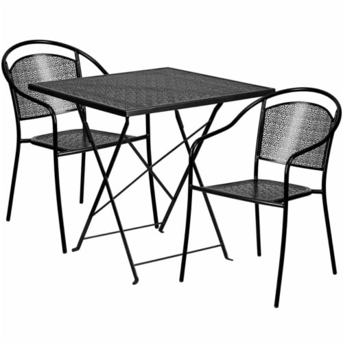 Flash Furniture 3 Piece 28 Square Steel Flower Print Patio Dining Set in Black Perspective: front