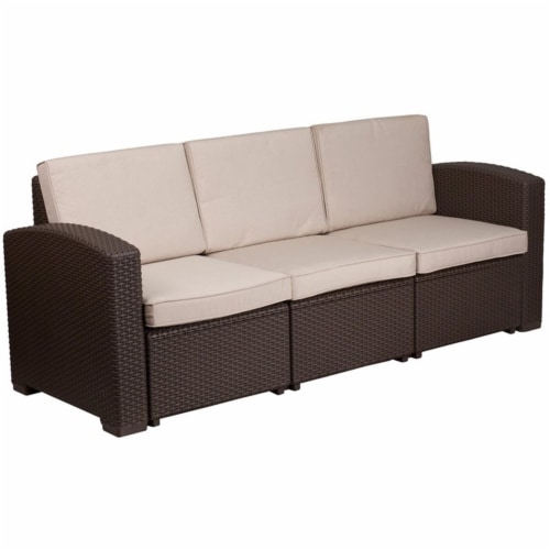 Flash Furniture Wicker Patio Sofa in Chocolate Brown and Beige Perspective: front