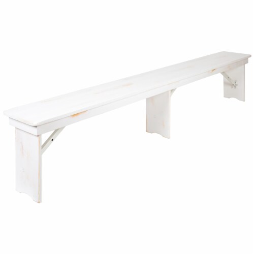 Flash Furniture Pine Wood 3-Seat Farm Table Folding Bench Antique Rustic White (XAB96X12LWH) Perspective: front