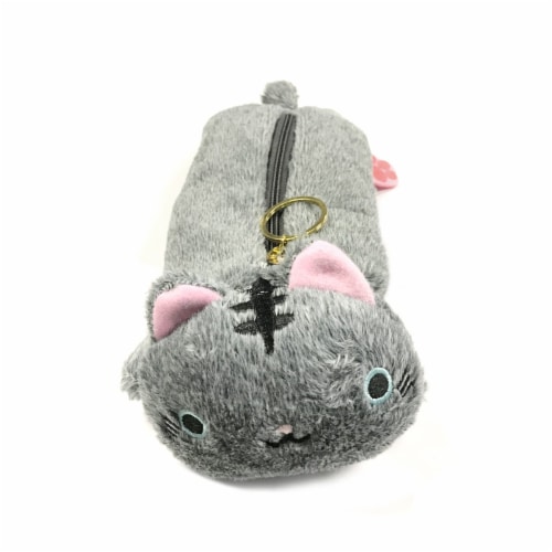 Wrapables Cute Cat Pouch Plush Pencil Case, Gray Perspective: front