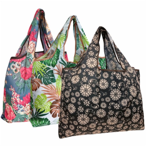 Wrapables Large Nylon Reusable Shopping Bags (Set of 3), Blossoms & Ferns Perspective: front