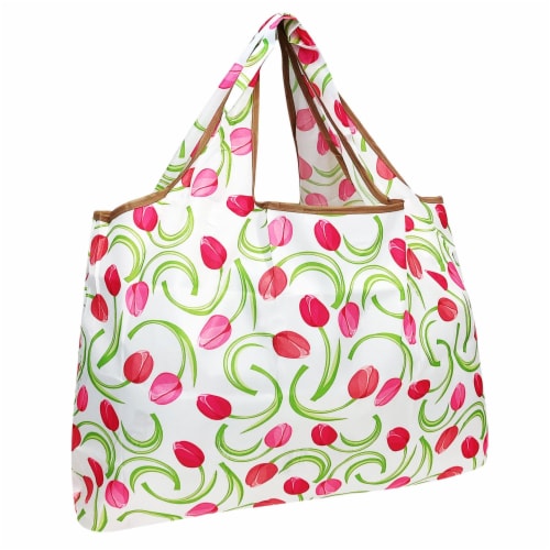 Wrapables Large Nylon Reusable Shopping Bag, Pink Tulips Perspective: front