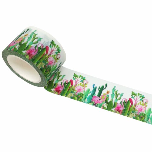 Wrapables Glitter Washi Masking Tape, Cactus & Flamingos / 30mm x 5M Perspective: front