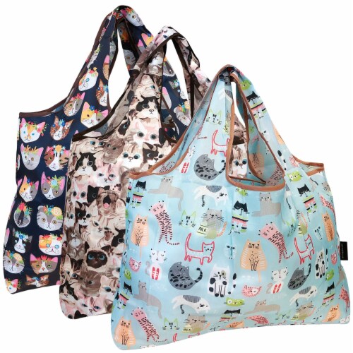 Wrapables Large Nylon Reusable Shopping Bags (Set of 3), Cat Lovers, 3 ...