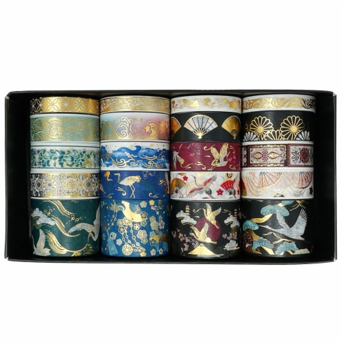 Wrapables Gold Foil Washi Tape in Gift Box Set (20 Rolls), Festive Cranes Perspective: front