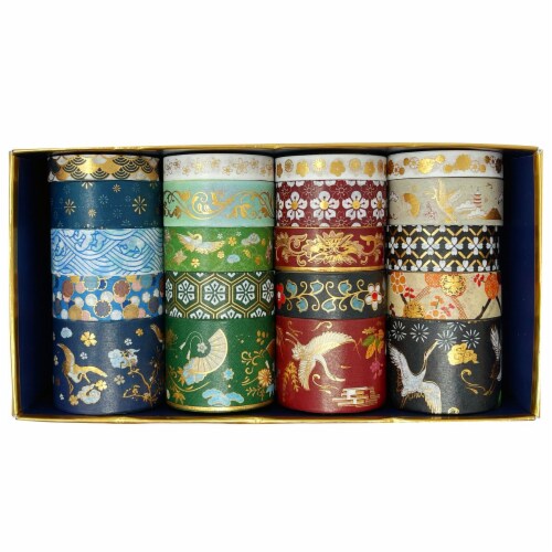 Wrapables Gold Foil Washi Tape in Gift Box Set (20 Rolls), Dancing Cranes Perspective: front