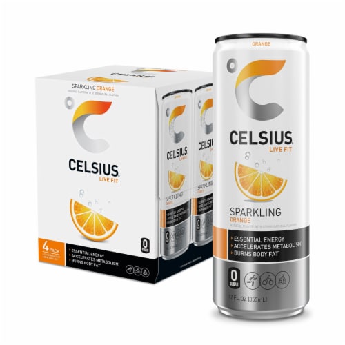 Celsius Orange Sparkling Drink Perspective: front