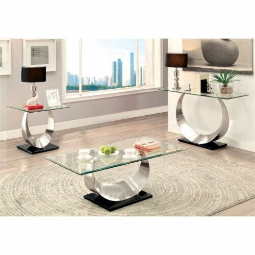 Furniture of America Suse Contemporary Metal 3-Piece Coffee Table Set in Silver Perspective: front