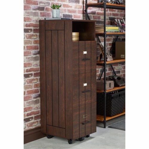Furniture of America Thelo Industrial Wood Filing Cabinet with Wheels in Walnut Perspective: front