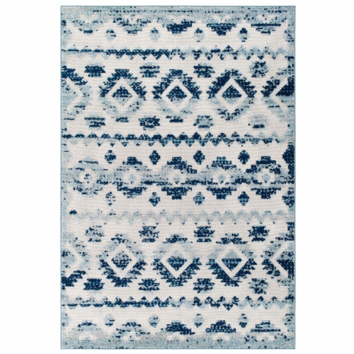 Abstract Diamond Moroccan Trellis 5x8 Indoor and Outdoor Area Rug - Ivory and Blue Perspective: front