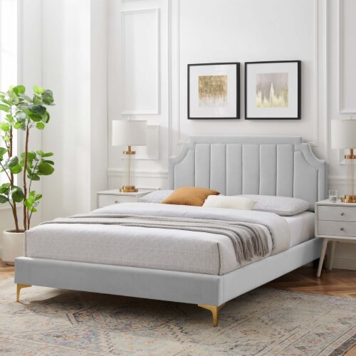 Sienna Performance Velvet Queen Platform Bed-MOD-6712 light gray Perspective: front