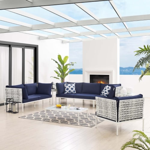 Harmony 8-Piece  Sunbrella® Basket Weave Outdoor Patio Aluminum Seating Set Perspective: front
