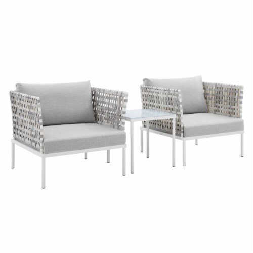 Harmony 3-Piece  Sunbrella Basket Weave Outdoor Patio Aluminum Seating Set Taupe Gray Perspective: front