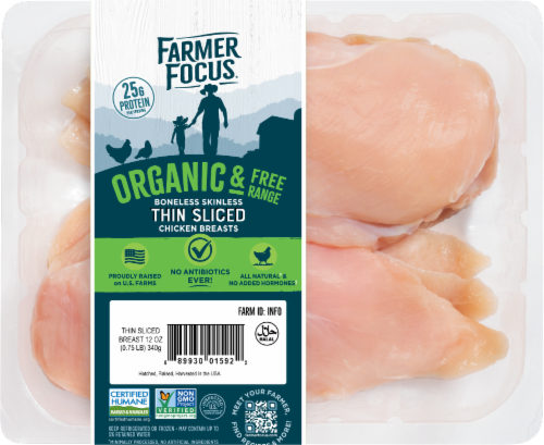 Farmer Focus® Organic Free-Range Boneless Skinless Thin Sliced Chicken Breasts Perspective: front