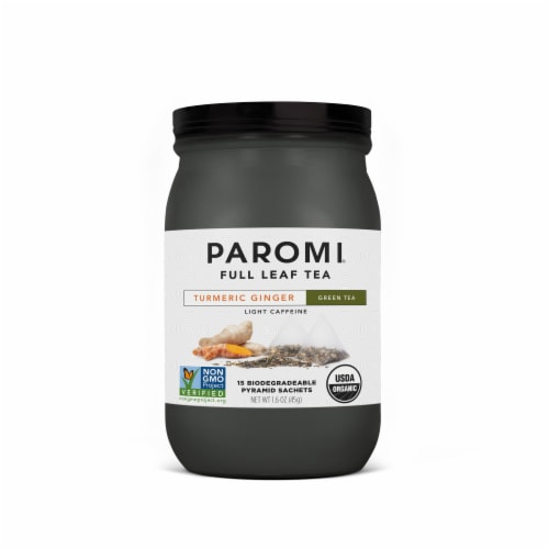 Paromi Organic Turmeric Ginger Green Tea Sachets Perspective: front