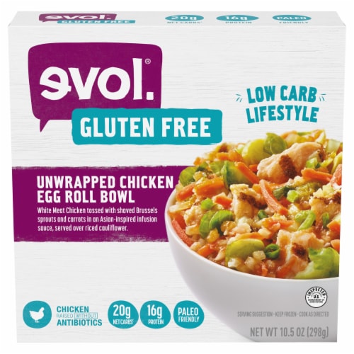 evol. Unwrapped Chicken Egg Roll Bowl Frozen Meal Perspective: front