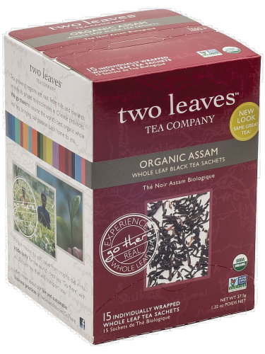 Two Leaves Organic Assam Whole Leaf Black Tea Sachets Perspective: front