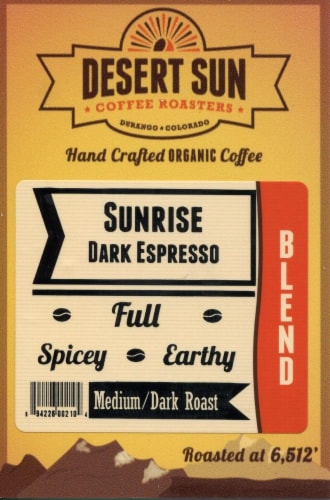 Desert Sun Coffee Roasters Sunrise Dark Espresso Medium-Dark Roast Organic Ground Coffee Perspective: front