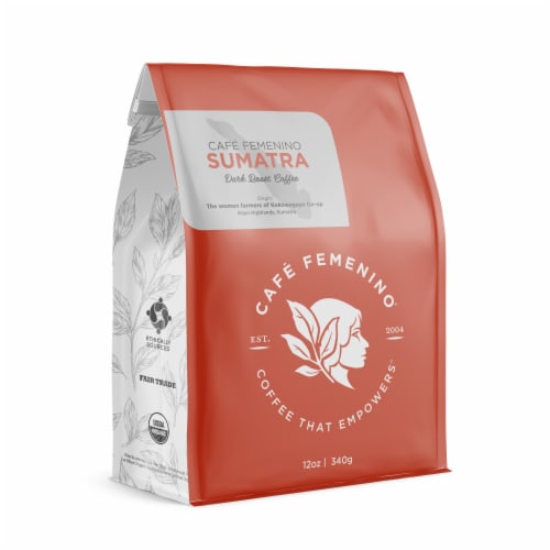 Café Femenino Organic Fair Trade Sumatra Whole Bean Coffee Perspective: front