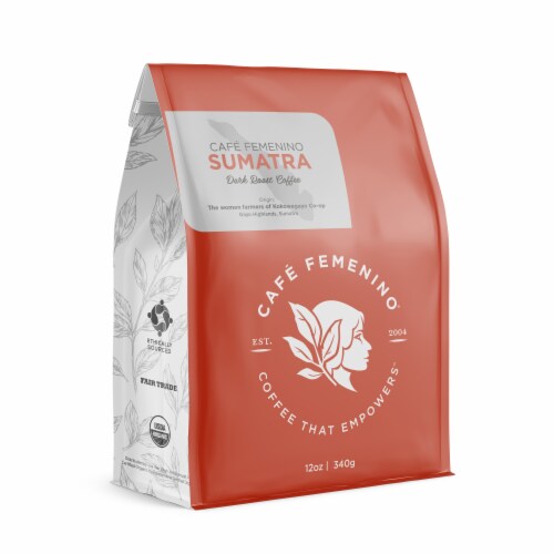 Café Femenino Organic Fair Trade Sumatra Whole Bean Coffee Perspective: front