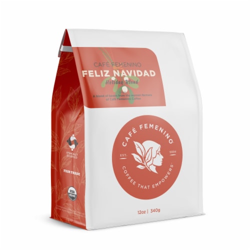 Café Femenino Organic Fair Trade Holiday Blend Whole Bean Coffee Perspective: front