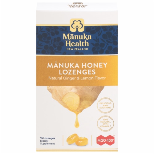 Manuka Health Manuka Honey Natural Ginger and Lemon Lozenges Perspective: front