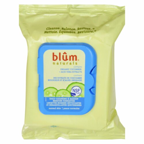 Blum Naturals-Daily Cleansing, Makeup Remover Towelettes for Normal Skin-30 Towelettes-3Case Perspective: front