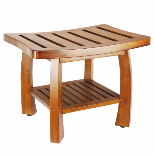 Oceanstar Solid Wood Spa Bench with Storage Shelf, Teak Color Finish Perspective: front