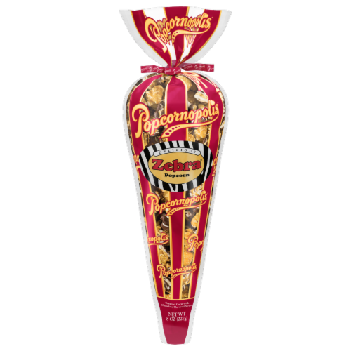 Popcornopolis® Zebra Popcorn Caramel with Chocolatey Stripes Popcorn Cone Perspective: front