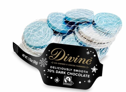 Divine™ Chocolate Coins Silver 70% Dark Chocolate Perspective: front