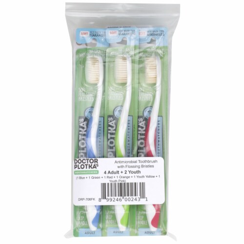 Doctor Plotka's Mouthwatchers Antimicrobial Toothbrushes with Flossing Bristles Family Pack Perspective: front