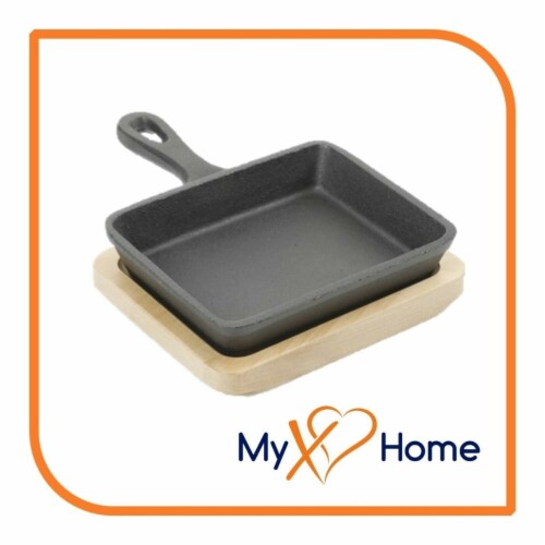 5 x 4 Rectangular Cast Iron Frying Pan / Skillet with Handle & Wooden Base (1 Skillet) Perspective: front