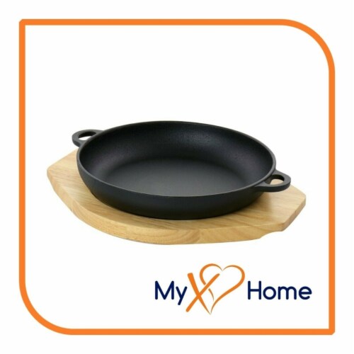 9.5 Round Cast Iron Wok/Skillet with Handles & Wooden Base (1 Skillet) by MyXOHome Perspective: front
