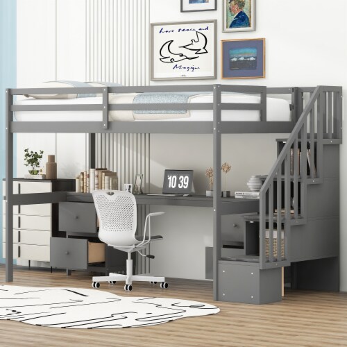 Simplie Fun Twin Size Loft Bed Frame with Built in Desk and Double Storage Drawers Gray 1 count King Soopers