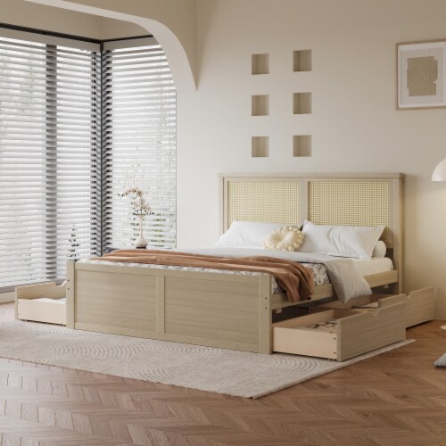 Simplie Fun Full Size Wood Storage Platform Bed with 4 Drawers Rattan Headboard Nature 1 count Pick n Save