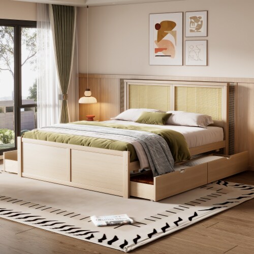Simplie Fun Queen Size Wood Storage Platform Bed with 4 Drawers Rattan Headboard Nature 1 count King Soopers
