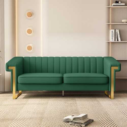 Simplie Fun Contemporary Plush Velvet Sofa with Vertical Stripes and Gold Accents Perspective: front