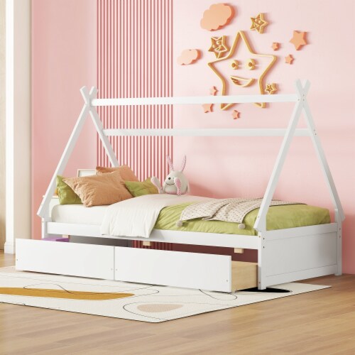 Mirightone House Bed For Kids, Twin Size Montessori Bed With Headboard And Footboard, Solid Rubber Wood Platform Bed With Roof & Slats