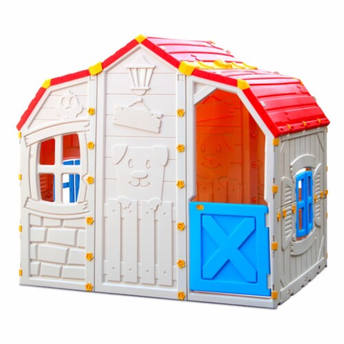 Qaba Foldable Outdoo Playhouse, Wooden Kids Cottage With Windows Working Door Snack Bars Waterproof Covers Blackboards For Kids 3 8 Years Brown B0f2hx1cv9
