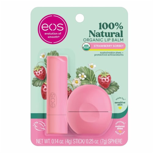 Eos 100% Natural & Organic Lip Balm Set Strawberry Sorbet 0.39 oz 2 Per Pack Perspective: front