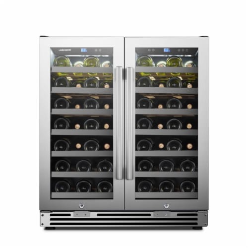 Dual Zone Wine Cooler - Seamless Stainless Steel French Doors 62 Bottle Capacity Perspective: front