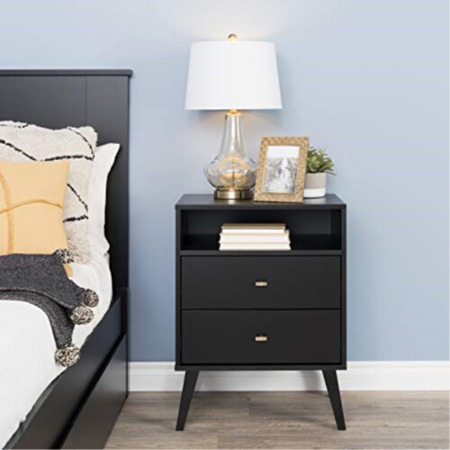 Ergode Milo 2-drawer Tall Nightstand with Open Shelf, Black Perspective: front