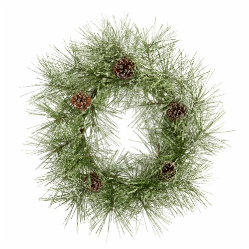 24 inch Iced Pine Artificial Wreath with Pine Cones Perspective: front