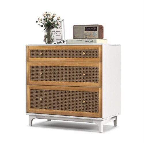 Hivvago 3-Drawer Rattan Dresser Chest with Anti-toppling Device-Brown Perspective: front