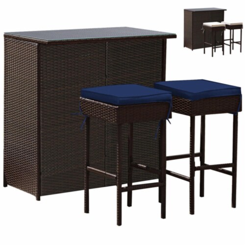 Do4U 3PCS Patio Bar Set With Stools Brown Wicker Patio