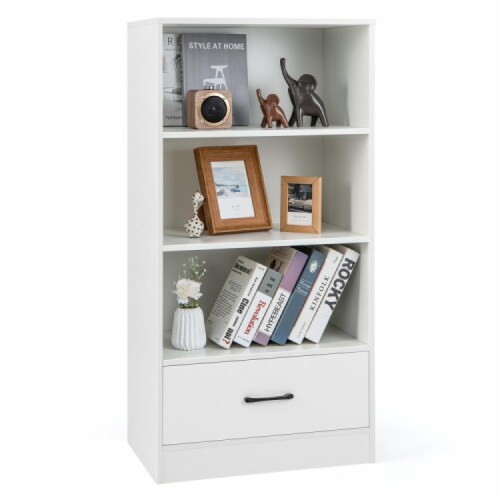 Hivvago 48 Inch Tall 4 Tiers Wood Bookcase with Drawer-White Perspective: front