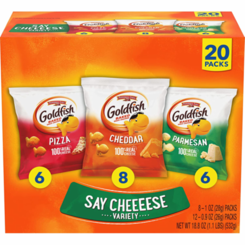 Goldfish Crackers Variety With Cheddar Pizza And Parmesan Snack Packs - 20 Counts Perspective: front