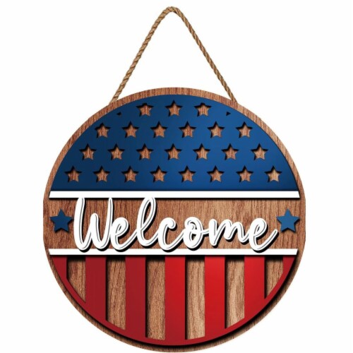 4th of July Patriotic Welcome Wooden Hanging Sign Stars and Stripes ...