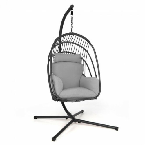 Hivvago Hanging Folding Egg Chair with Stand Soft Cushion Pillow Swing Hammock-Gray Perspective: front